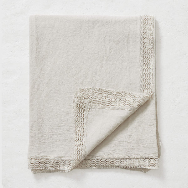 Washed Linen Cotton Tablecloth with Lace edge - Mineral