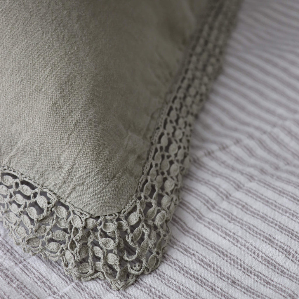 Washed Linen Cotton  Oxford Pillowcase with Lace Edge - Olive