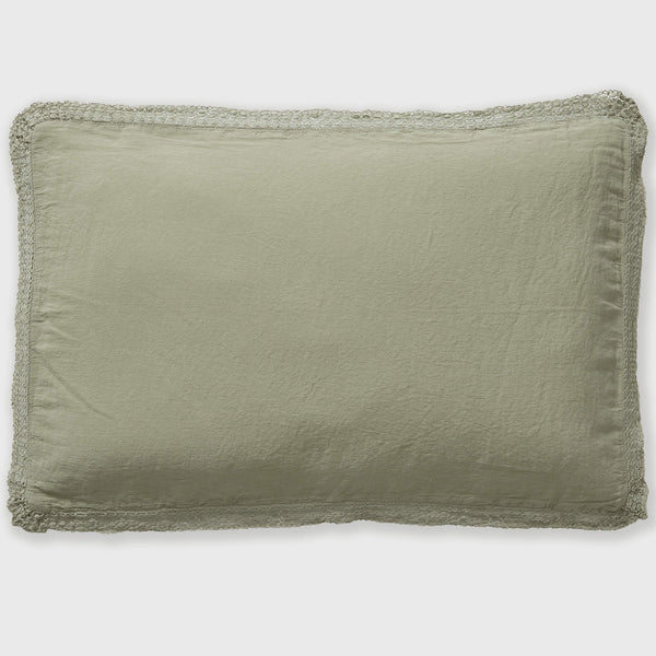 Washed Linen Cotton  Oxford Pillowcase with Lace Edge - Olive