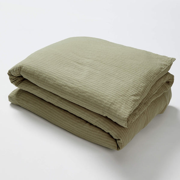 Washed Linen Cotton Ticking Stripe Duvet Cover - Olive