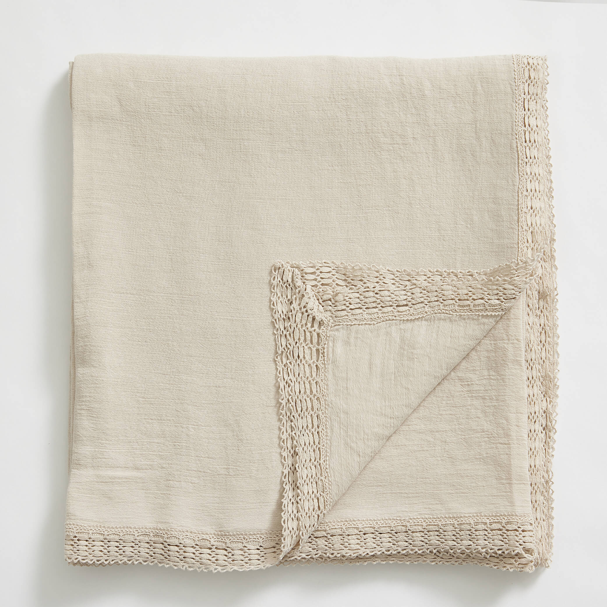 Washed Linen Cotton Tablecloth with Lace edge - Putty