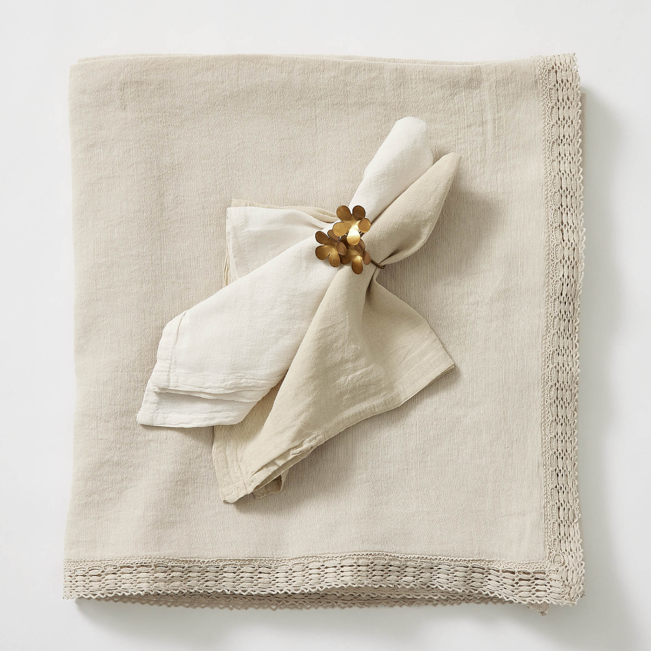 Washed Linen Cotton Tablecloth with Lace edge - Putty