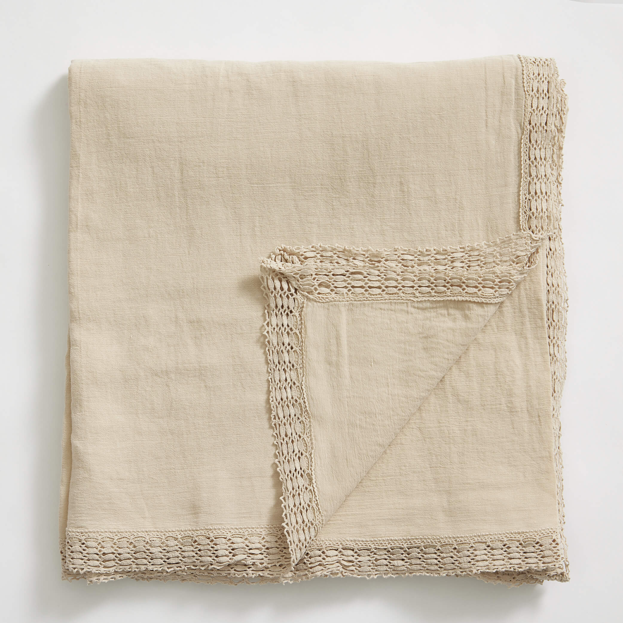 Washed Linen Cotton Tablecloth with Lace edge - Sandstone