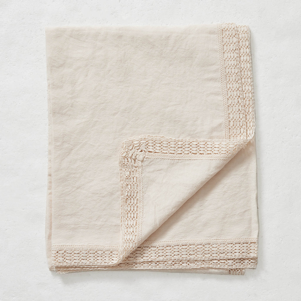 Washed Linen Cotton Tablecloth with Lace edge - Soft Shell