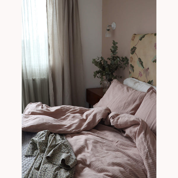 Washed Linen Cotton Ticking Stripe Duvet Cover - Vintage Rose