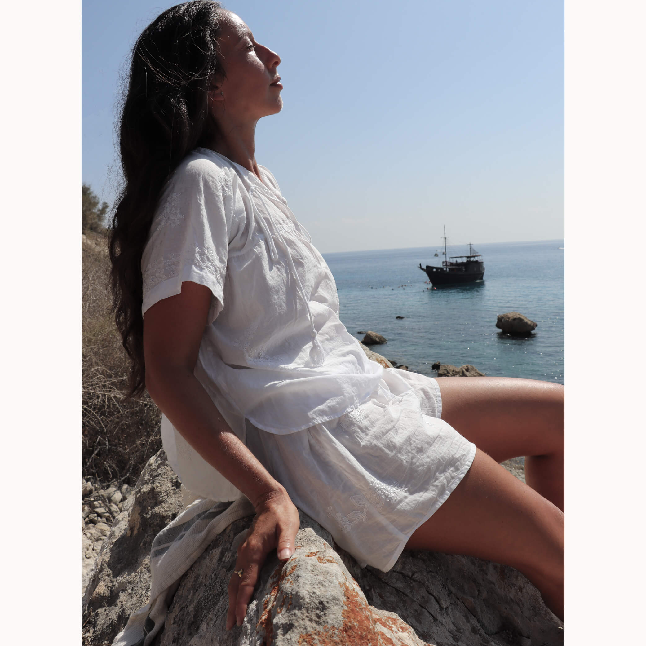 Hand Embroidered Cotton Voile Top in China Clay