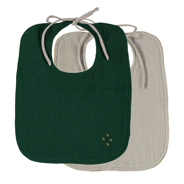 Forest green and mint reversible cotton muslin dribble bib