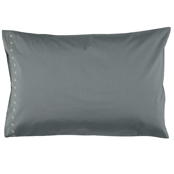 Blue/ grey leaf embroidered pillowcase in 100% soft cotton bedding by camomile london