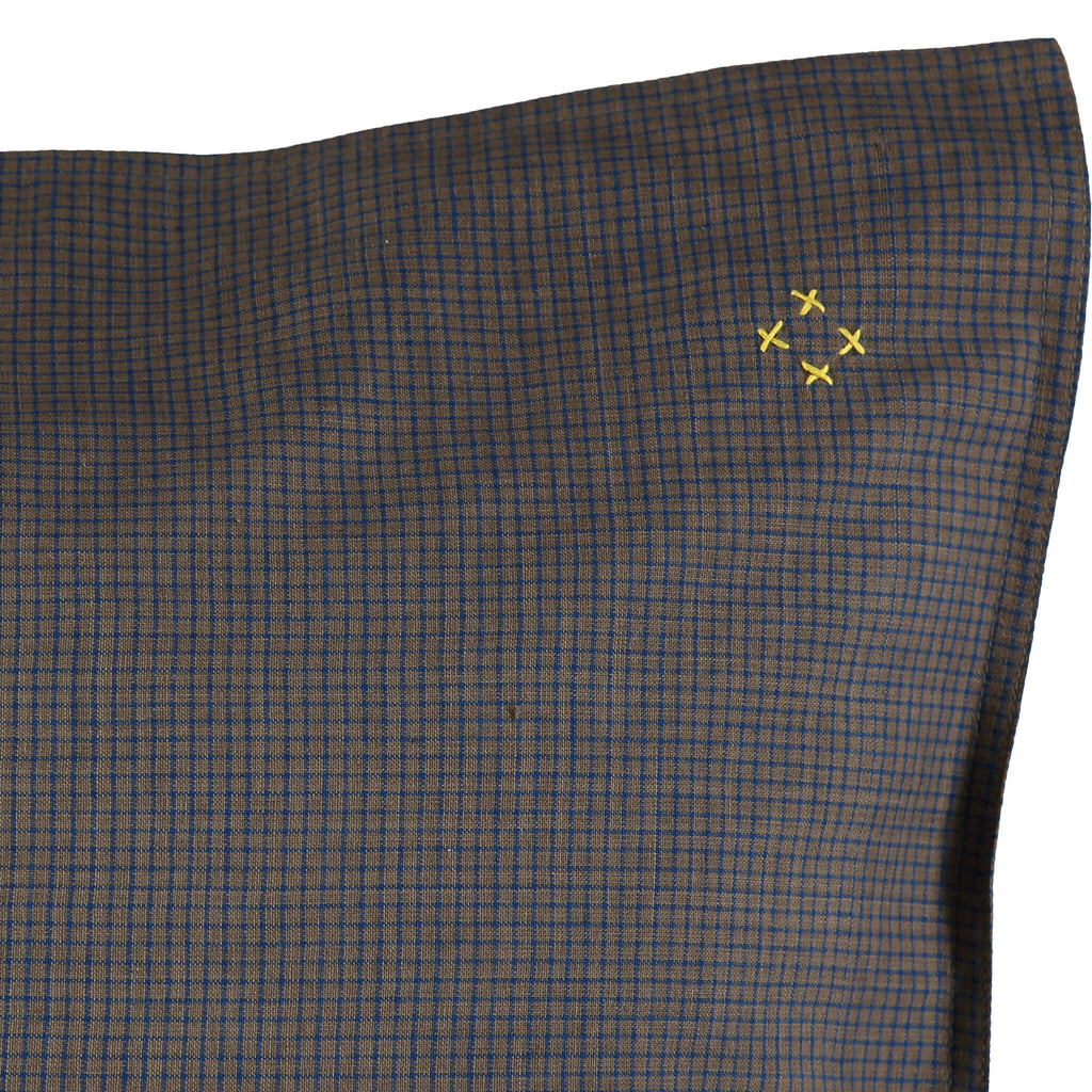 Mocca brown fitted sheet with blue graph check print hand stitched soft organic cotton camomile london