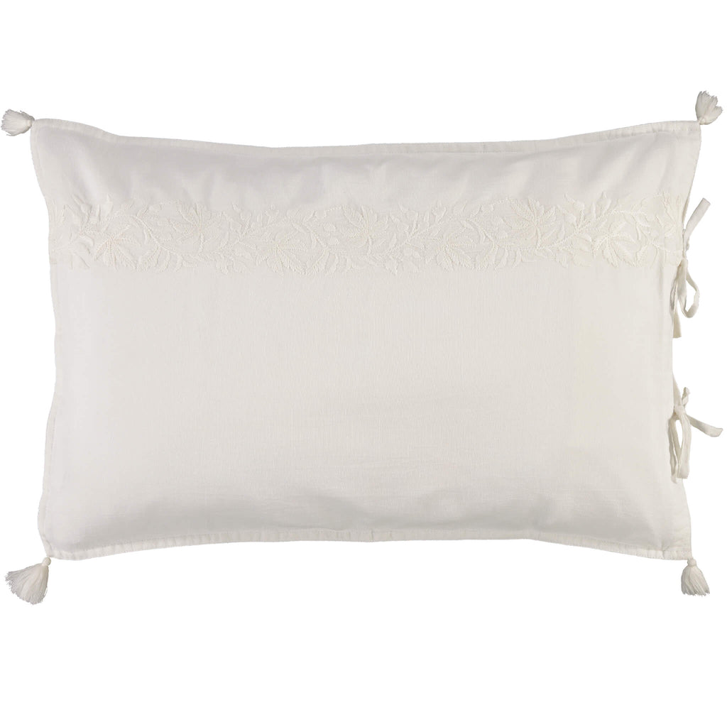 Chalk white 100% cotton pillowcase with stunning white on white ivy pattern embroidery, white tassels and hand ties to close Bedding by camomile london