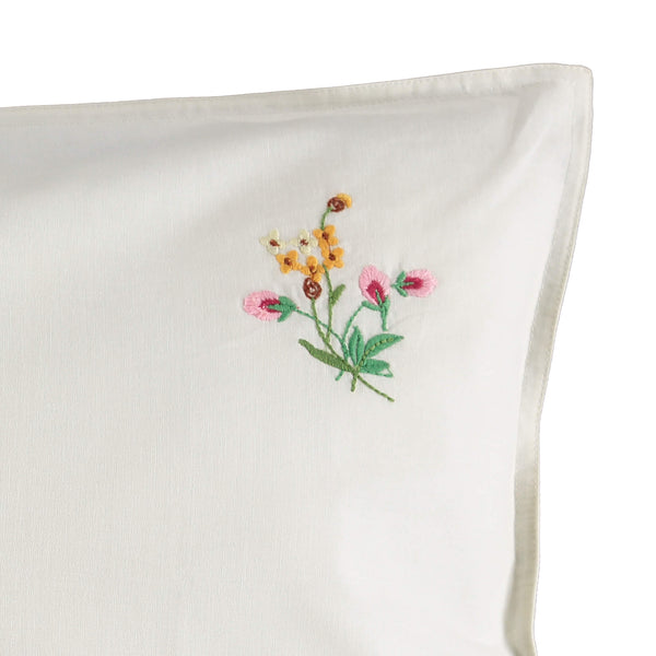 Embroidered Pink Flower Pillowcase - Off White