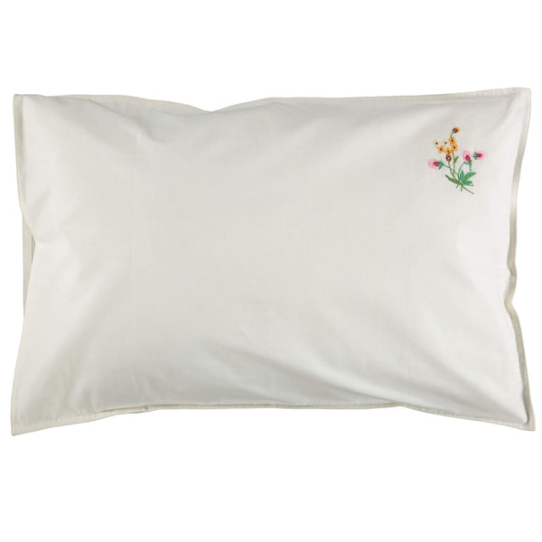 Embroidered Pink Flower Pillowcase - Off White