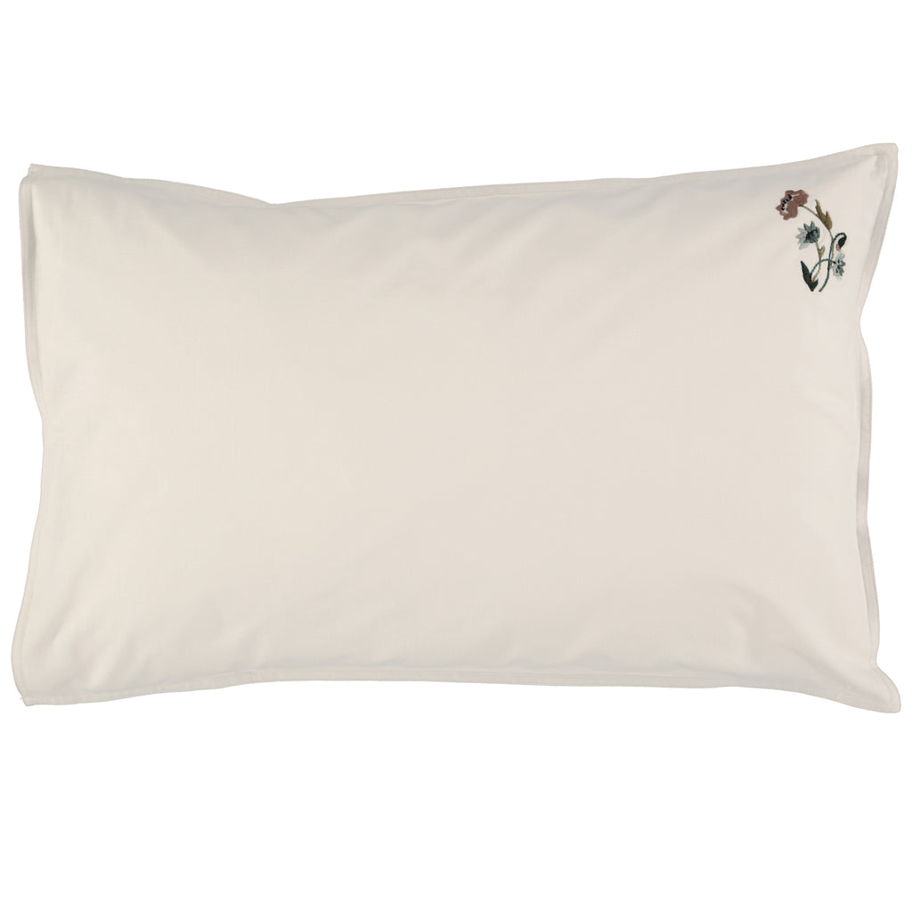 Embroidered Poppy Flower Pillowcase - Stone