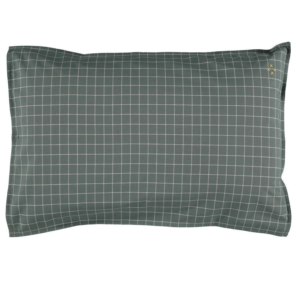 Teal pillowcase with stone check print organic cotton bedding camomile london