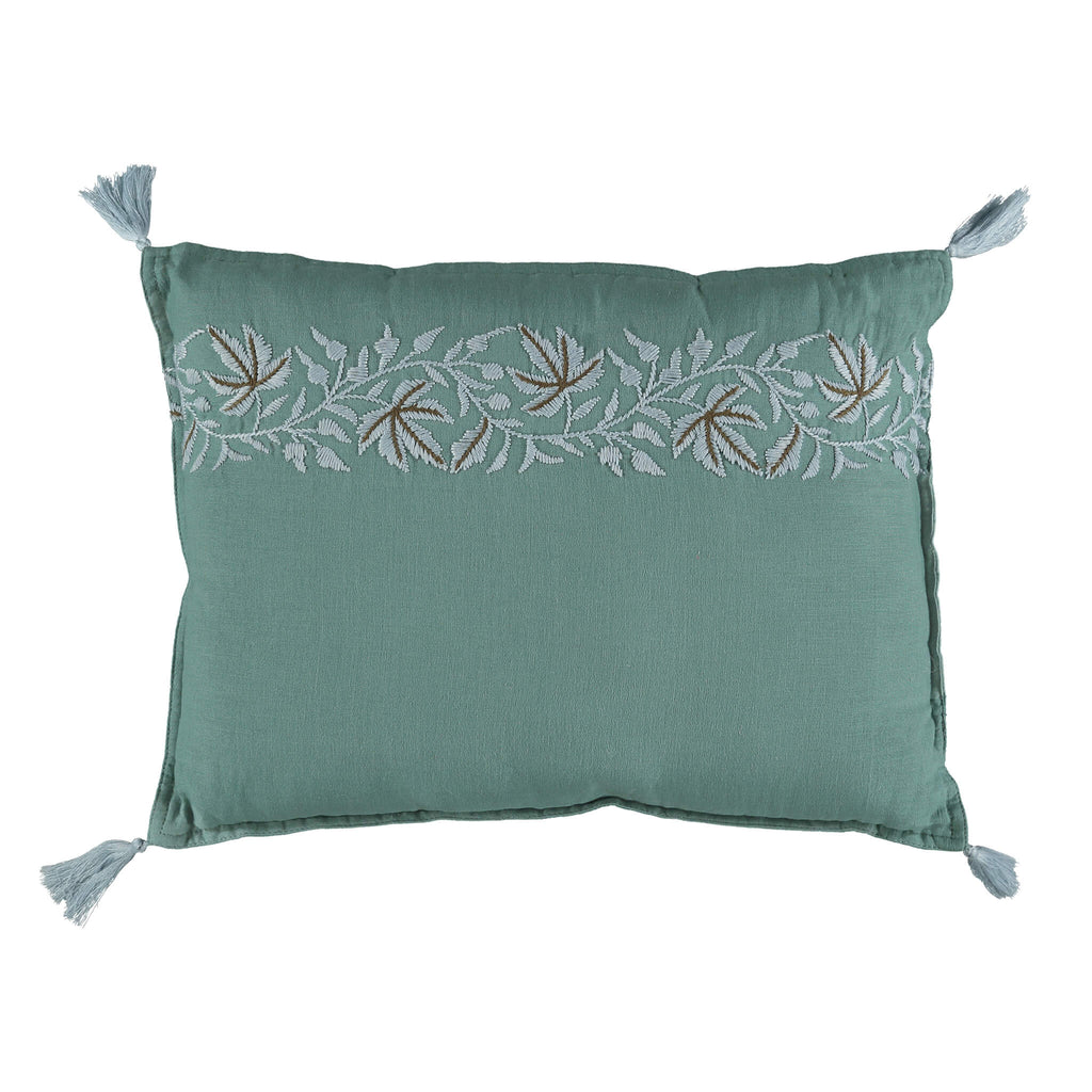 Beautiful botanical leaf embroidered cushion by camomile london in a soft teal and pale blue