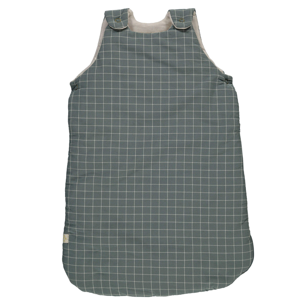 Window pane check sleeping bag with teal base and stone check featuring shoulder and underarm poppers and a side zip soft cotton double muslin inner lining bedding by camomile london