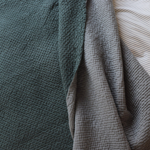 Kantha Cross Stitch Baby Blanket - Blue Grey/ Dark Green