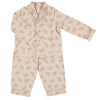 Children's / girls cotton button up pyjamas in a mink and stone Celia floral print with traditional piping and 2 front pockets