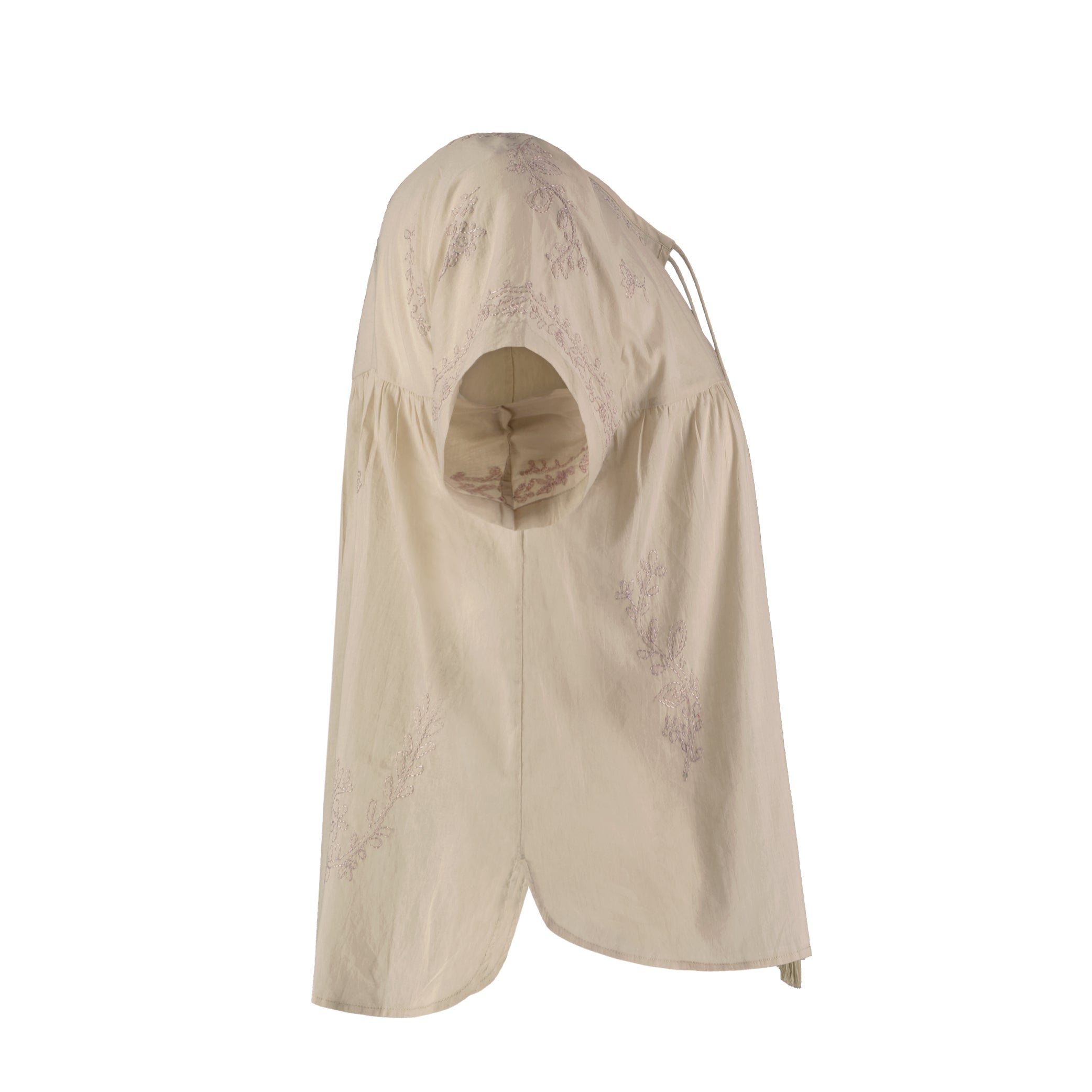 Hand Embroidered Cotton Voile Top in China Clay