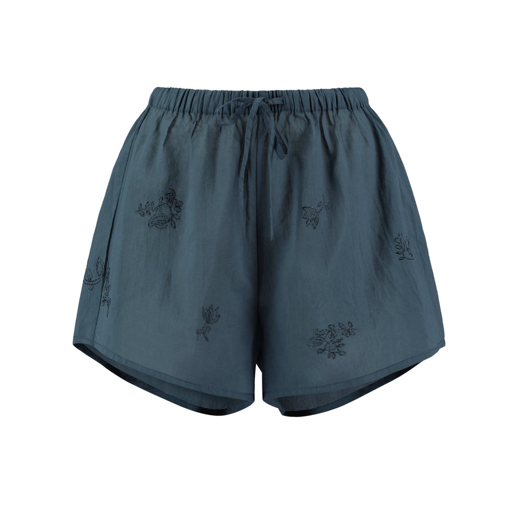 Hand Embroidered Cotton Voile Shorts in Ink