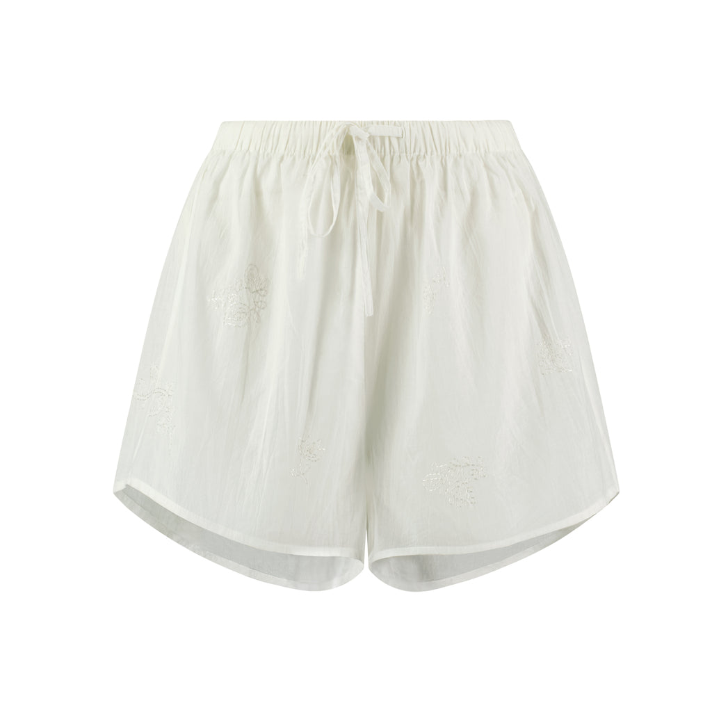 Hand Embroidered Cotton Voile Shorts in Chalk