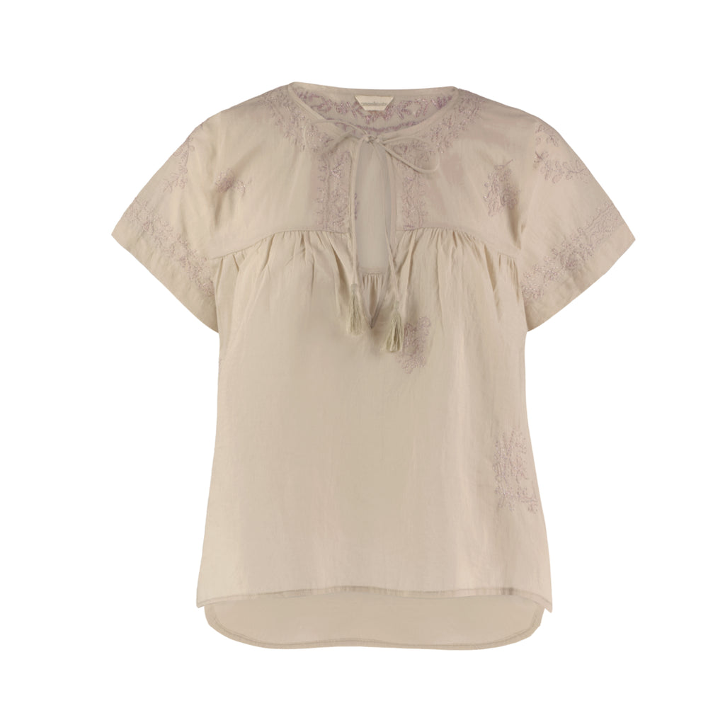 Hand Embroidered Cotton Voile Top in China Clay