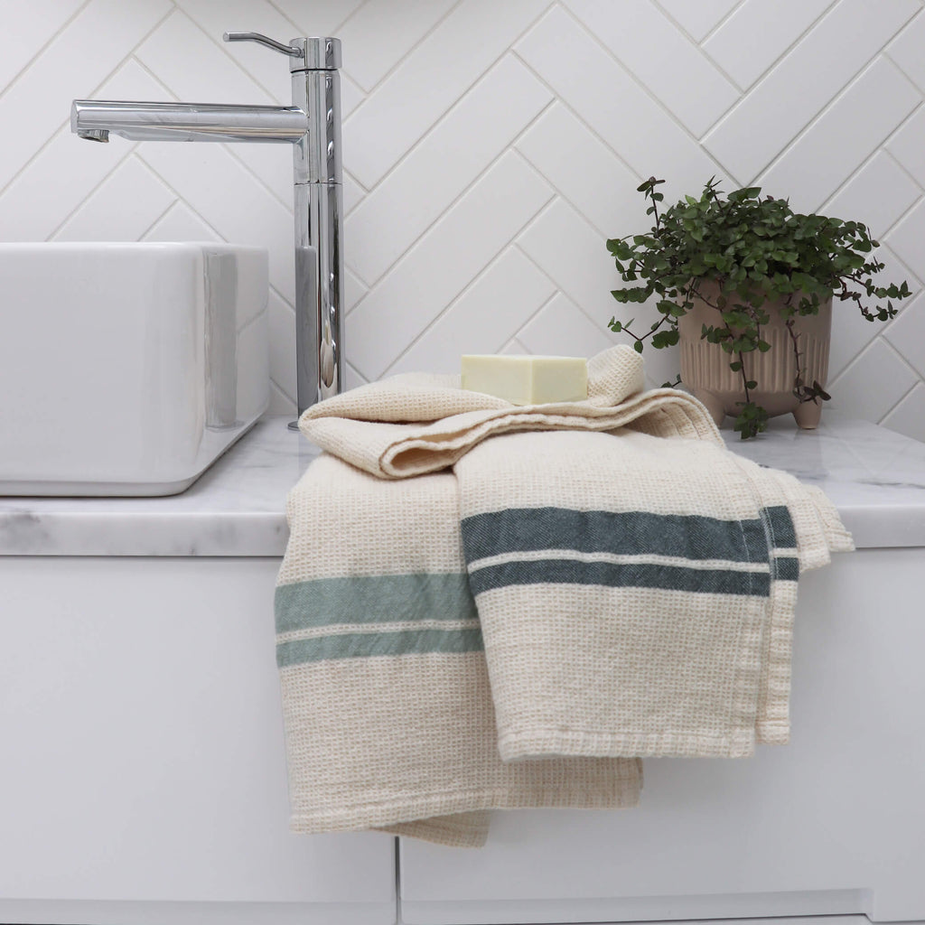 Ecru Sage Stripe Soft Waffle Cotton Towels