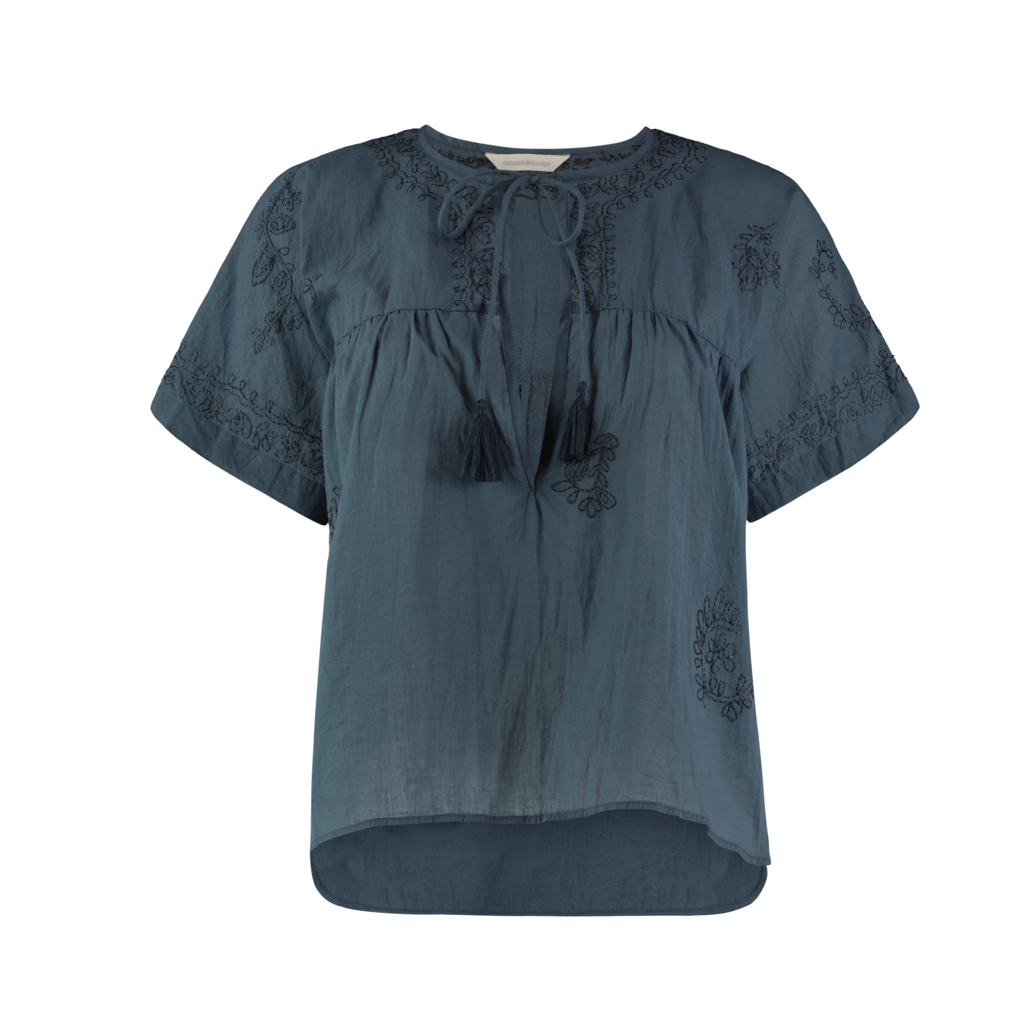 Hand Embroidered Cotton Voile Top in China Clay
